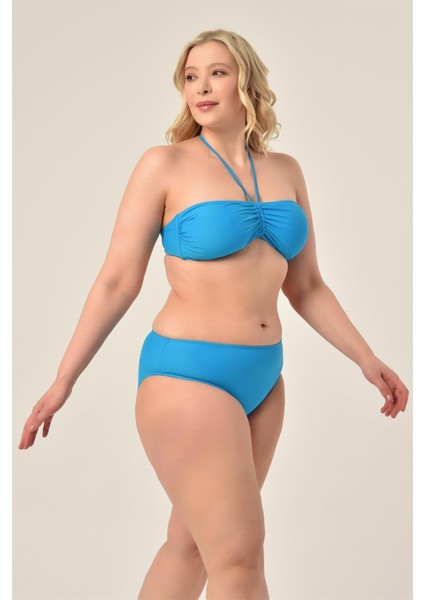 Aquaviva Kadın Büyük Beden Mavi Straplez Boyundan Bağlı Bikini Takımı