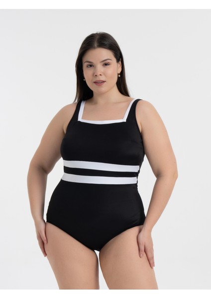 Aquaviva Kadın Büyük Beden Siyah -Beyaz Belinda Toparlayıcı Kare Yaka Mayo