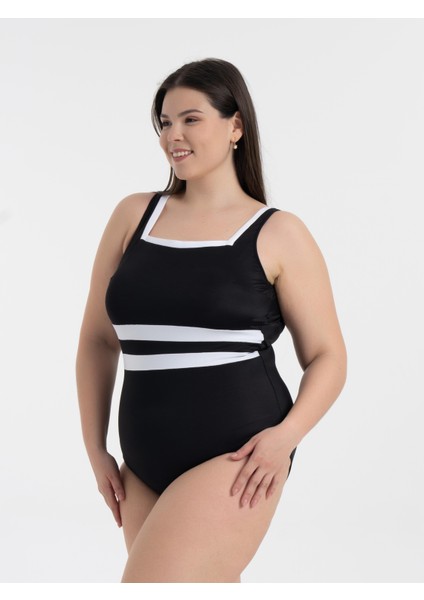 Aquaviva Kadın Büyük Beden Siyah -Beyaz Belinda Toparlayıcı Kare Yaka Mayo fiyatları