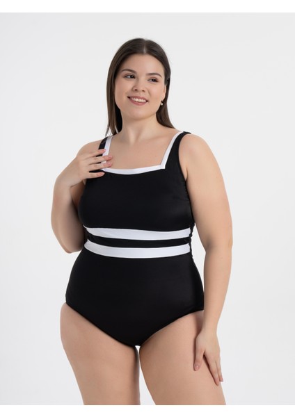 Aquaviva Kadın Büyük Beden Siyah -Beyaz Belinda Toparlayıcı Kare Yaka Mayo modelleri