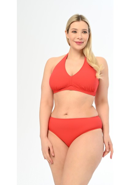 Aquaviva Kadın Kırmızı Büyük Beden Boyundan Bağlı Üçgen Elena Bikini Takımı