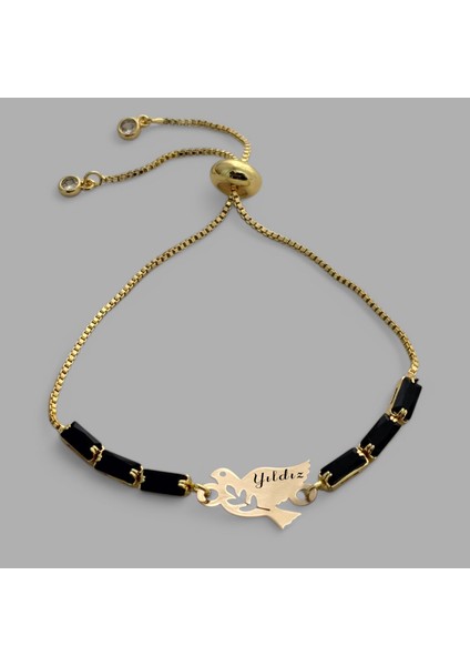 Kadınlara Özel Zincirli, 14 Ayar Altın Plakalı Kuş Figürlü Isim Bilekliği-378İsim-SiyahTAŞ