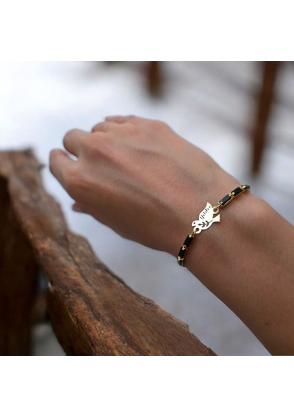 Kadınlara Özel Zincirli, 14 Ayar Altın Plakalı Kuş Figürlü Isim Bilekliği-378İsim-SiyahTAŞ fiyatları