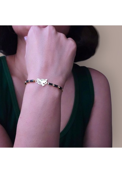 Kadınlara Özel Zincirli, 14 Ayar Altın Plakalı Kuş Figürlü Isim Bilekliği-378İsim-SiyahTAŞ modelleri