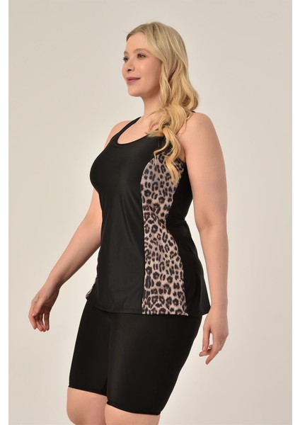 Kadın Şortlu Tankini Siyah Renk Büyük Beden Leopar Desenli Tasarım