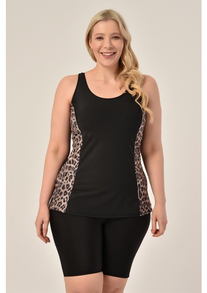 Kadın Şortlu Tankini Siyah Renk Büyük Beden Leopar Desenli Tasarım fiyatları
