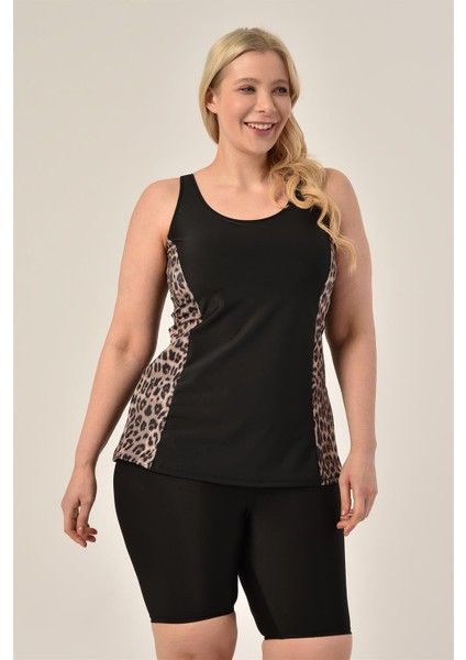 Kadın Şortlu Tankini Siyah Renk Büyük Beden Leopar Desenli Tasarım modelleri