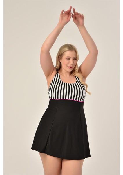 Aquaviva Kadın Büyük Beden Siyah Ince Çizgili Toparlayıcı Ara Biyeli Ayar Askılı Şık Elbise Mayo