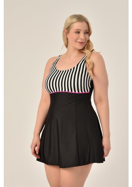 Aquaviva Kadın Büyük Beden Siyah Ince Çizgili Toparlayıcı Ara Biyeli Ayar Askılı Şık Elbise Mayo modelleri