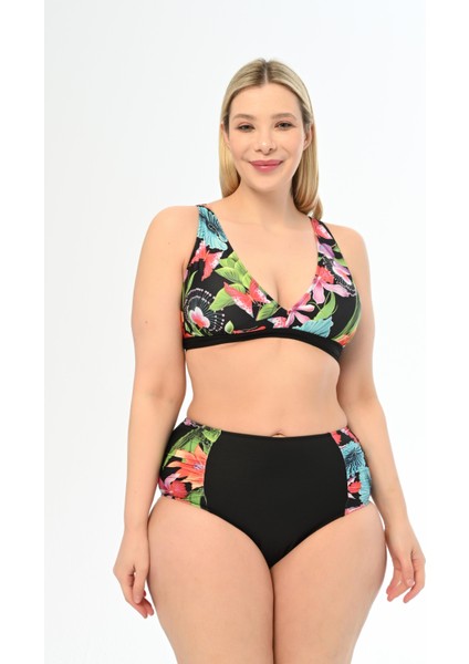 Aquaviva Kadın Siyah Rüzgar Gülü Desen Büyük Beden Yüksek Bel Kelebek Bikini Takımı