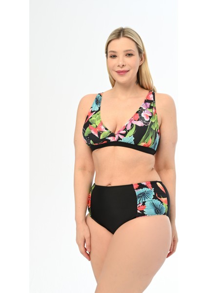 Aquaviva Kadın Siyah Rüzgar Gülü Desen Büyük Beden Yüksek Bel Kelebek Bikini Takımı modelleri