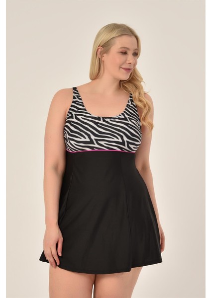 Aquaviva Kadın Büyük Beden Siyah Zebra Desen Toparlayıcı Ara Biyeli Ayar Askılı Şık Elbise Mayo