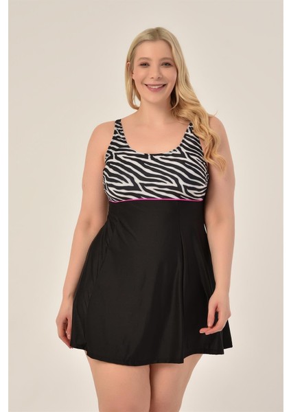 Aquaviva Kadın Büyük Beden Siyah Zebra Desen Toparlayıcı Ara Biyeli Ayar Askılı Şık Elbise Mayo fiyatları