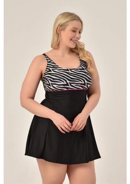 Aquaviva Kadın Büyük Beden Siyah Zebra Desen Toparlayıcı Ara Biyeli Ayar Askılı Şık Elbise Mayo modelleri