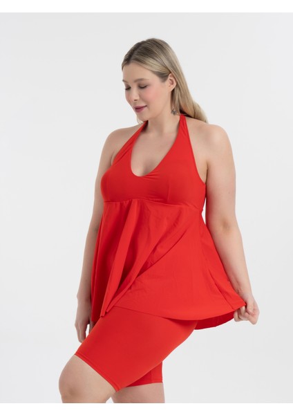 Kadın Büyük Beden Kırmızı Mabel Boyundan Bağlı Taytlı Tankini