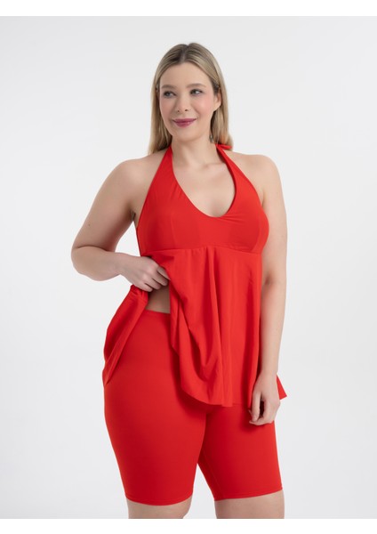 Kadın Büyük Beden Kırmızı Mabel Boyundan Bağlı Taytlı Tankini modelleri