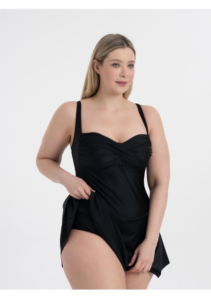 Kadın Büyük Beden Parlak Siyah Lenora Drapeli Toparlayıcı Elbise Mayo modelleri