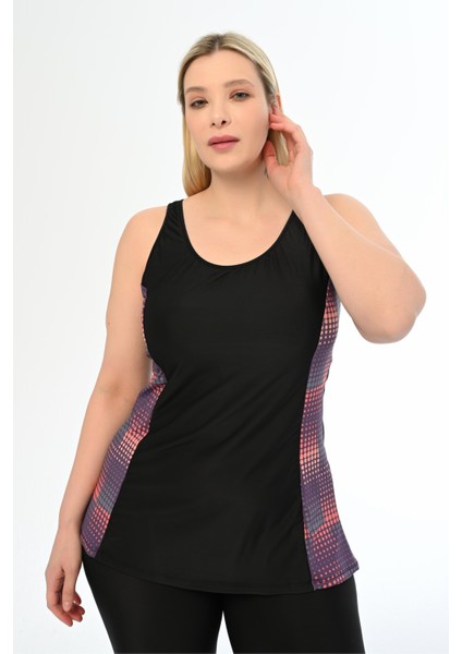 Kadın Şortlu Tankini Büyük Beden Siyah Disko Desen ile Şık ve Rahat