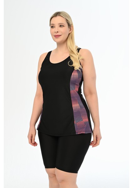 Kadın Şortlu Tankini Büyük Beden Siyah Disko Desen ile Şık ve Rahat modelleri