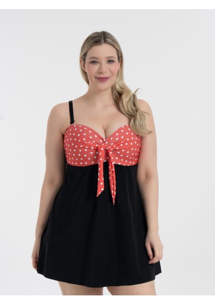 Aquaviva Kadın Büyük Beden Siyah Turuncu Puantiyeli Gloria Toparlayıcı Fiyonklu Elbise Mayo