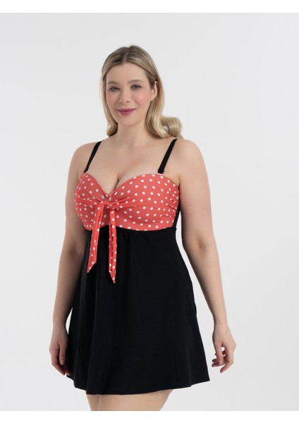 Aquaviva Kadın Büyük Beden Siyah Turuncu Puantiyeli Gloria Toparlayıcı Fiyonklu Elbise Mayo fiyatları