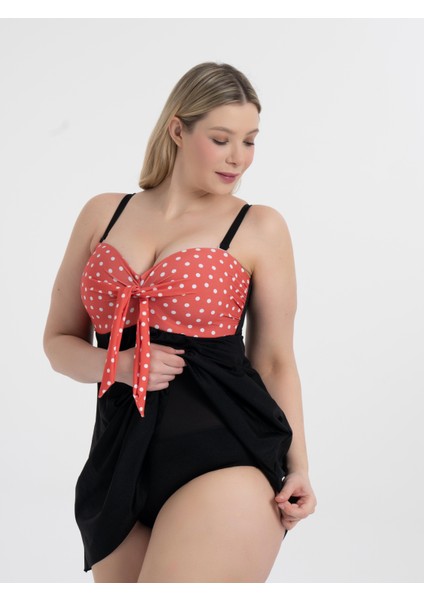 Aquaviva Kadın Büyük Beden Siyah Turuncu Puantiyeli Gloria Toparlayıcı Fiyonklu Elbise Mayo modelleri