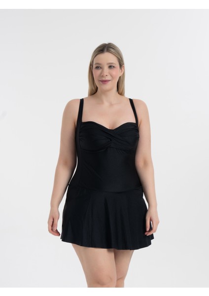 Kadın Büyük Beden Parlak Siyah Lenora Drapeli Toparlayıcı Elbise Mayo