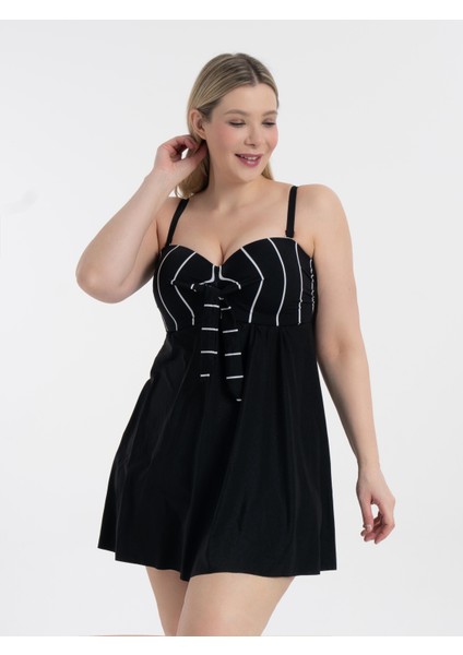 Aquaviva Kadın Büyük Beden Siyah Beyaz Ince Çizgili Gloria Toparlayıcı Fiyonklu Elbise Mayo