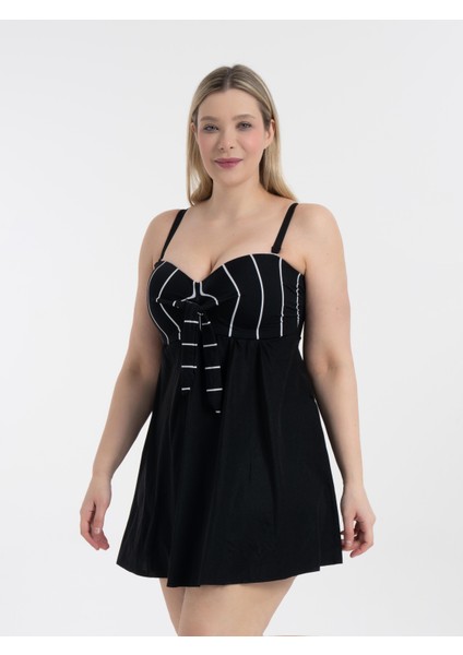 Aquaviva Kadın Büyük Beden Siyah Beyaz Ince Çizgili Gloria Toparlayıcı Fiyonklu Elbise Mayo fiyatları