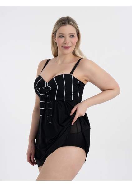 Aquaviva Kadın Büyük Beden Siyah Beyaz Ince Çizgili Gloria Toparlayıcı Fiyonklu Elbise Mayo modelleri