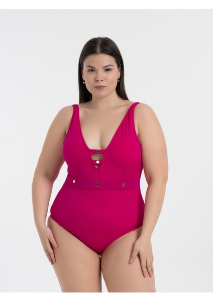 Kadın Fuşya Büyük Beden Jenna Toparlayıcı V Yaka Kuşgözlü Mayo