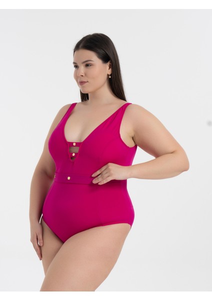 Kadın Fuşya Büyük Beden Jenna Toparlayıcı V Yaka Kuşgözlü Mayo fiyatları