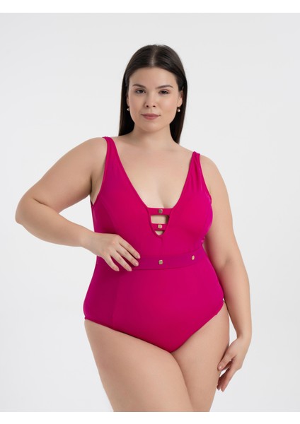 Kadın Fuşya Büyük Beden Jenna Toparlayıcı V Yaka Kuşgözlü Mayo modelleri