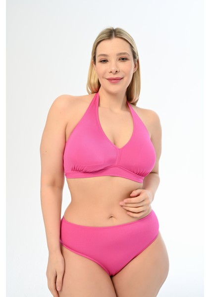 Kadın Fuşya Pembe Büyük Beden Boyundan Bağlı Üçgen Elena Bikini Takımı modelleri