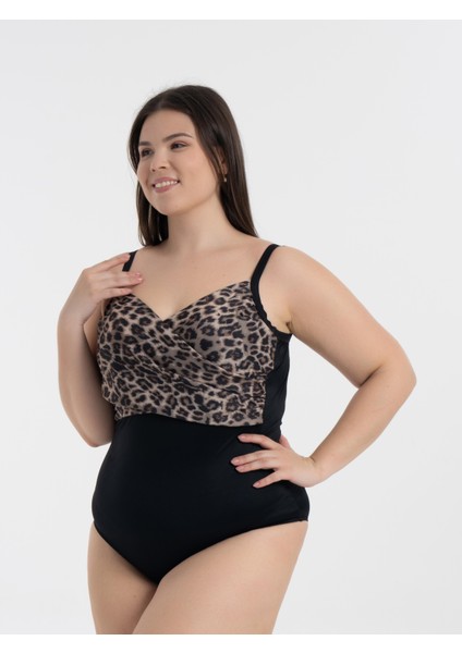 Aquaviva Kadın Büyük Beden Siyah Leopar Desen Brunella Balen Destekli Mayo fiyatları