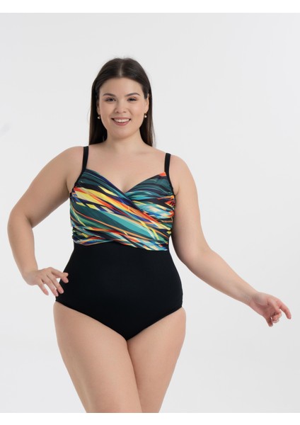 Aquaviva Kadın Büyük Beden Siyah Karışık Desen Brunella Balen Destekli Mayo