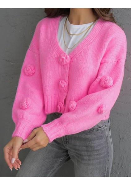 Pembe Güllü Oversize Yumoş Hırka