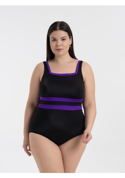 Aquaviva Kadın Büyük Beden Siyah -Mor Belinda Toparlayıcı Kare Yaka Mayo