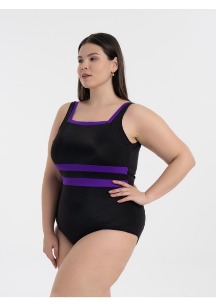 Aquaviva Kadın Büyük Beden Siyah -Mor Belinda Toparlayıcı Kare Yaka Mayo fiyatları