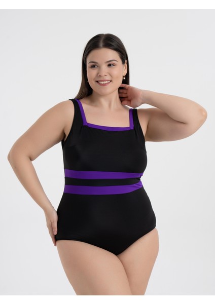 Aquaviva Kadın Büyük Beden Siyah -Mor Belinda Toparlayıcı Kare Yaka Mayo modelleri