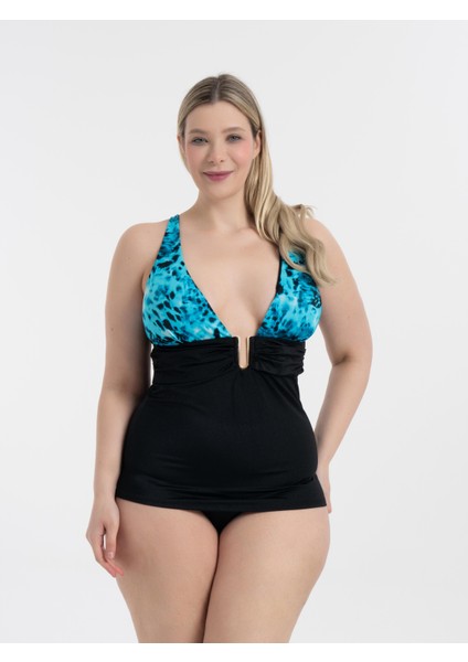 Kadın Mavi Desen Büyük Beden Anastasia Toparlayıcı Toka Detaylı Tankini