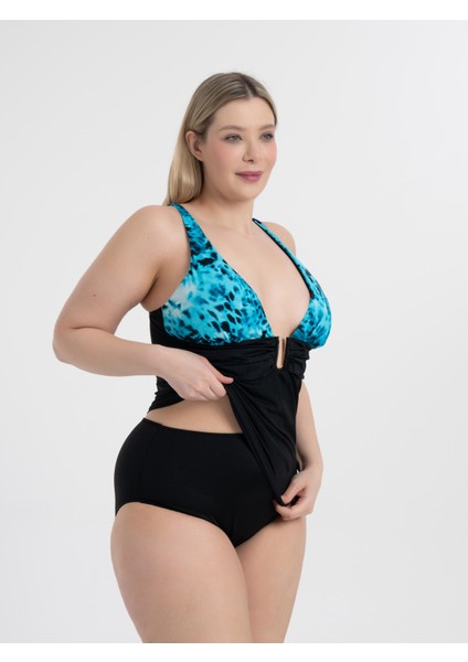 Kadın Mavi Desen Büyük Beden Anastasia Toparlayıcı Toka Detaylı Tankini modelleri