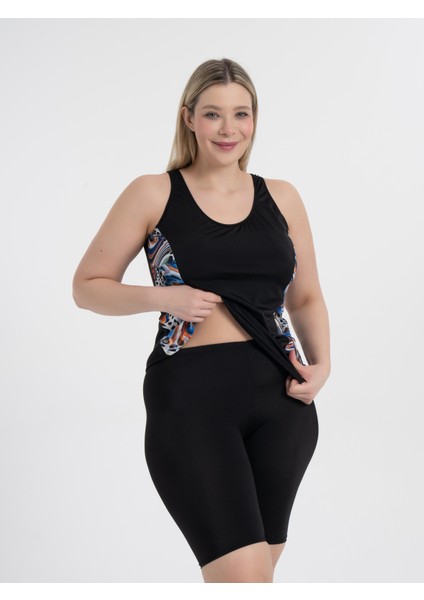 Kadın Siyah Mavi Turuncu Desen Büyük Beden Şortlu Tankini modelleri