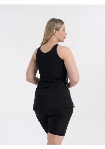 Kadın Siyah Mavi Turuncu Desen Büyük Beden Şortlu Tankini fırsatları