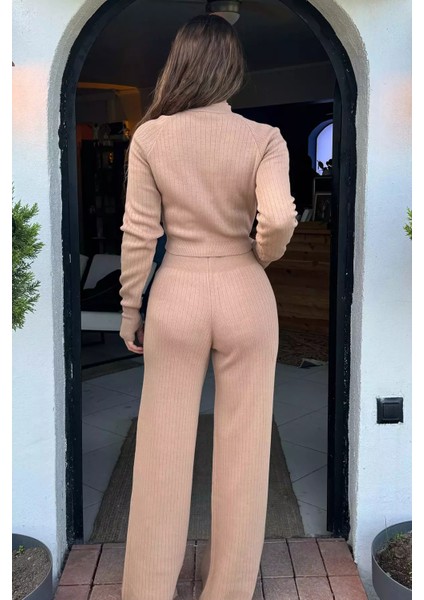 Kadın Yarım Balıkçı Örgü Crop Kazak Pantolon Triko Alt-Üst Takım
