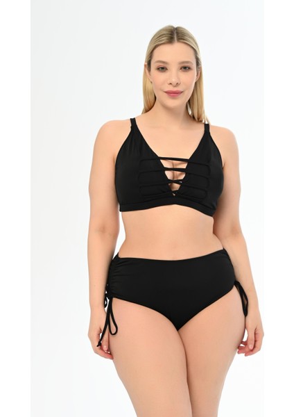 Kadın Siyah Büyük Beden Venezıa Çapraz Ipli Dekolte Bikini Takımı