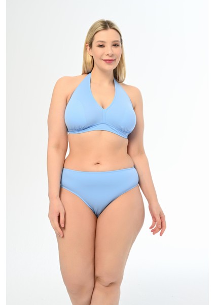 Kadın Mavi Büyük Beden Boyundan Bağlı Üçgen Elena Bikini Takımı