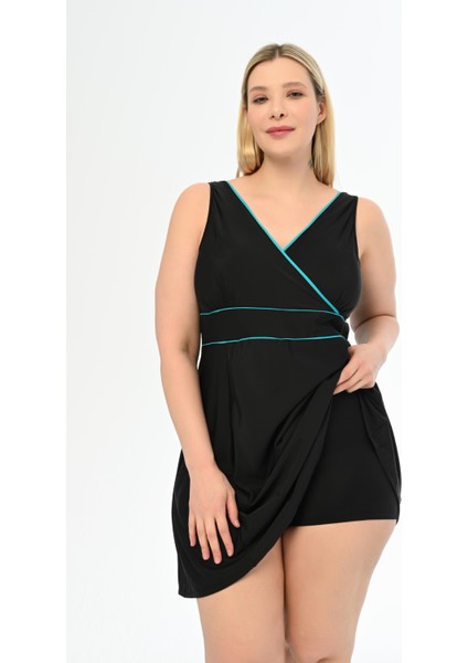 Kadın Siyah-Su Yeşili Büyük Beden Alesta Şortlu Elbise Mayo