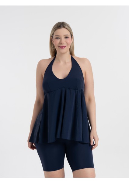 Kadın Büyük Beden Lacivert Mabel Boyundan Bağlı Taytlı Tankini