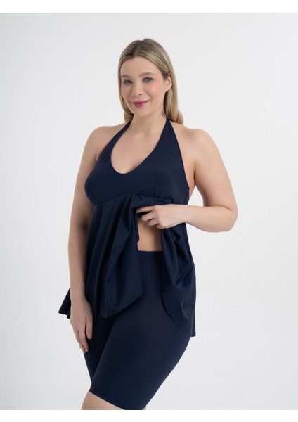 Kadın Büyük Beden Lacivert Mabel Boyundan Bağlı Taytlı Tankini modelleri